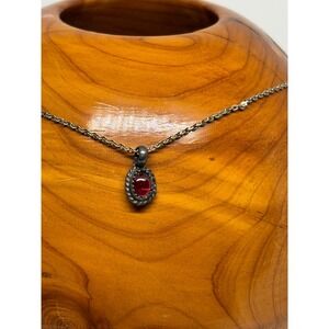 VTG Silver Tone Chain Necklace Oval Red Gem Pendant Southwestern Bell Trading